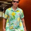 Men's Floral Bird Print Button-Down Shirt, Short Sleeve, White with Blue Pattern, Regular Fit