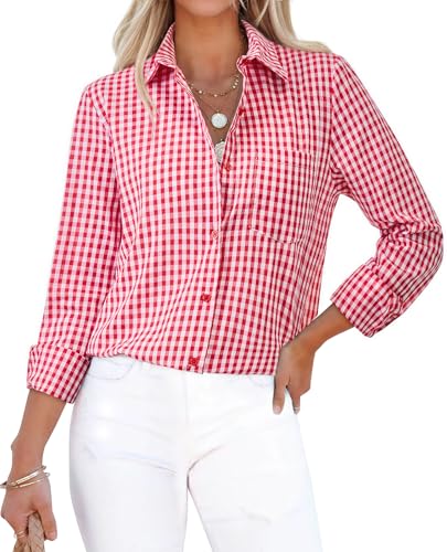Button Down Shirts for Women Gingham Top Plaid Long Sleeve Dress Shirts Cotton Fitted Casual Work Collared Blouse