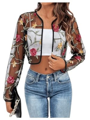 Women's Floral Embroidered Open Front Crop Jackets Long Sleeve Mesh Summer Cardigan Tops