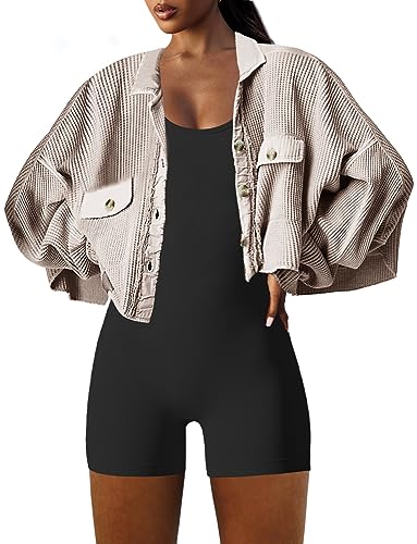 Women's Cropped Waffle Knit Shacket Short Button Down Jacket Batwing Sleeve Shirts with Pocket