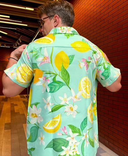 Men's Floral Bird Print Button-Down Shirt, Short Sleeve, White with Blue Pattern, Regular Fit