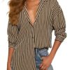 Womens Waffle Knit Button Down Shirt Stripe Long Sleeve Casual Blouses Tops