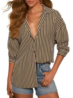 Womens Waffle Knit Button Down Shirt Stripe Long Sleeve Casual Blouses Tops