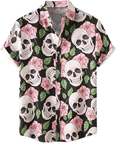 Halloween Shirt Men Fun Pumpkins Skull Short Sleeve Button Down Hawaiian Holiday Shirts