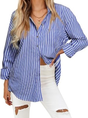 Women's Striped Button Down Shirts Casual Long Sleeve Boyfriend Loose Collared Blouses Tops