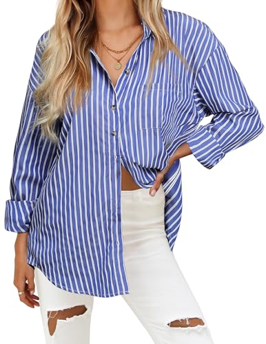 Women's Striped Button Down Shirts Casual Long Sleeve Boyfriend Loose Collared Blouses Tops