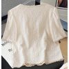 Women's Floral Embroidered Button Down Blouse Frill Trim Short Puff Sleeve V Neck Vacation Shirts