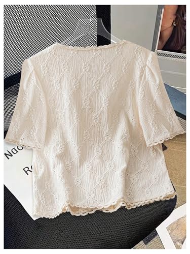 Women's Floral Embroidered Button Down Blouse Frill Trim Short Puff Sleeve V Neck Vacation Shirts