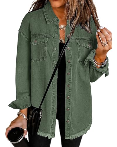 Women’s Oversized Button Up Frayed Hem Shacket Long Sleeve Pockets Denim Jean Jacket