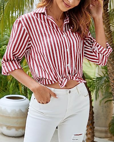 Women's Blouses Striped Long Sleeve Shirts Button Down Loose Fit Casual Tops