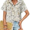 Cotton Linen Button Down Shirt for Women V Neck Collared Blouse Casual Short Sleeve Tops with Pocket