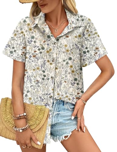 Cotton Linen Button Down Shirt for Women V Neck Collared Blouse Casual Short Sleeve Tops with Pocket