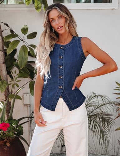 Denim Vest for Women Sleeveless Strechy Jean Vest Top Button Down Crewneck Casual Summer Western Waistcoat