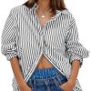 Womens Button Down Shirts Stripe Long Sleeve Blouse Casual Work Office Shirt Oversize Tops