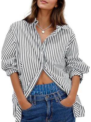 Womens Button Down Shirts Stripe Long Sleeve Blouse Casual Work Office Shirt Oversize Tops