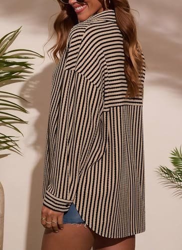Womens Waffle Knit Button Down Shirt Stripe Long Sleeve Casual Blouses Tops