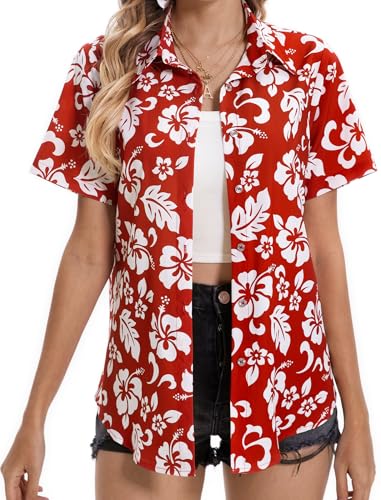 Hawaiian Shirts for Women Tropical Shirt Summer Beach Button Down Short Sleeve Blouses Floral Top Aloha Luau Outfits 2025