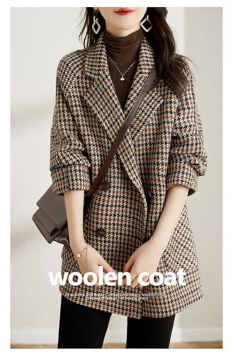 Womens Notched Lapel Pea Coat Double Breasted Blazer Jackets Houndstooth Woolen Blend Overcoat with Pockets