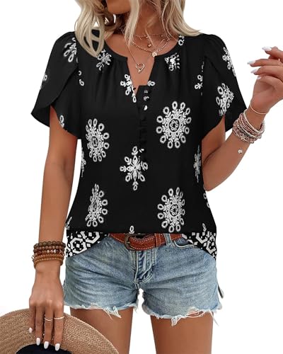 Womens Summer Tops Boho Short Sleeve Business Casual Blouses Button Down Floral Shirts Fashion Beach Vacation Clothes