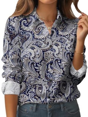 Womens Button Down Shirt Long Sleeve Blouse Business Work Tops Dressy Casual Floral Printed Outfits with Pocket