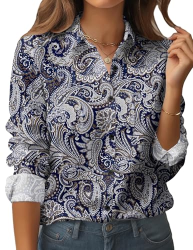 Womens Button Down Shirt Long Sleeve Blouse Business Work Tops Dressy Casual Floral Printed Outfits with Pocket