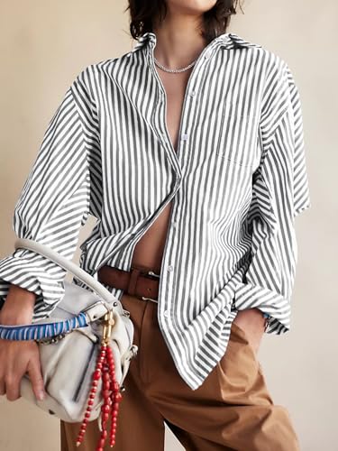 Womens Button Down Shirts Stripe Long Sleeve Blouse Casual Work Office Shirt Oversize Tops