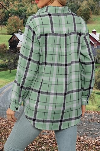 Womens Buffalo Plaid Flannel Shirt Long Sleeve Collar Button Down Blouses Lightweight Tops (S-2XL)