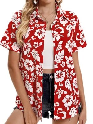 Hawaiian Shirts for Women Tropical Shirt Summer Beach Button Down Short Sleeve Blouses Floral Top Aloha Luau Outfits 2025