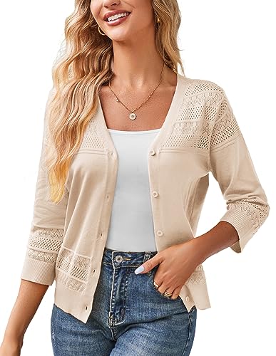 Women's 2025 Cropped Cardigan 3/4 Sleeve Lightweight Crochet Shrug Hollowed-Out Knit Sweater Tops