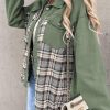 Womens Oversized Denim Jacket Casual Long Sleeve Button Down Plaid Shacket Boyfriend Jean Jacket With Pockets