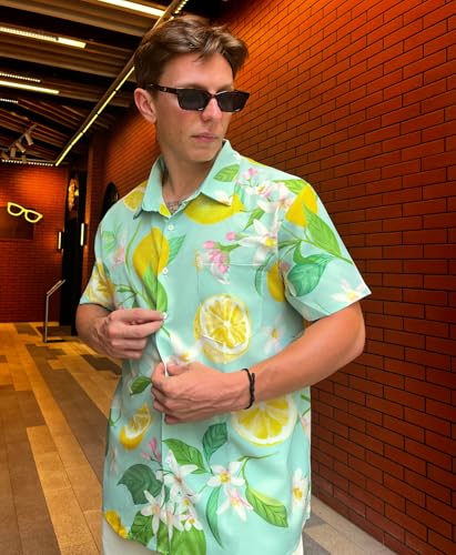 Men's Floral Bird Print Button-Down Shirt, Short Sleeve, White with Blue Pattern, Regular Fit
