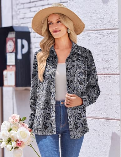 Womens Button Down Shirt Long Sleeve Blouse Business Work Tops Dressy Casual Floral Printed Outfits with Pocket