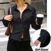Women Striped Fitted Button Down Shirts Bell Long Sleeve Shirt Office Work Blouse Tops
