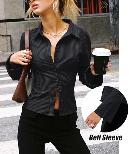 Women Striped Fitted Button Down Shirts Bell Long Sleeve Shirt Office Work Blouse Tops