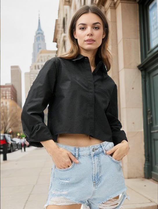 Womens Button Down Cropped Shirts Long Sleeve V Neck Solid Tops Casual Collared Blouse with Chest Pocket XS-XXL