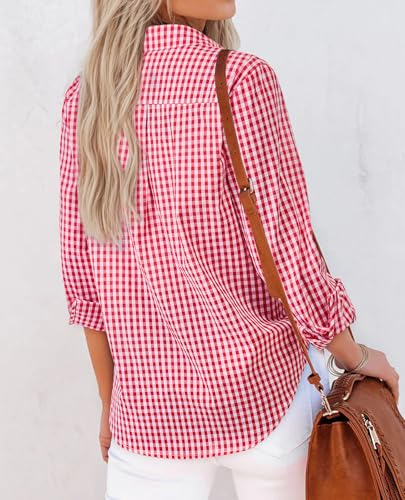 Button Down Shirts for Women Gingham Top Plaid Long Sleeve Dress Shirts Cotton Fitted Casual Work Collared Blouse