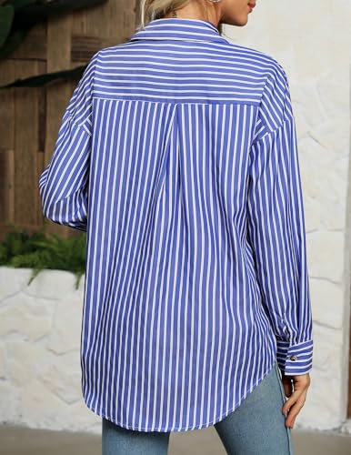 Women's Striped Button Down Shirts Casual Long Sleeve Boyfriend Loose Collared Blouses Tops