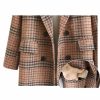 Women's Plaid Trench Coat Double Breasted Long Peacoat Winter Camel Peak Lapel Loose Woolen Jacket Outerwear