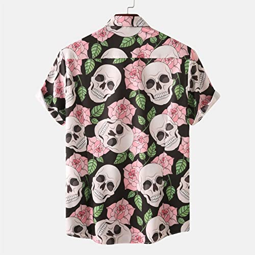 Halloween Shirt Men Fun Pumpkins Skull Short Sleeve Button Down Hawaiian Holiday Shirts