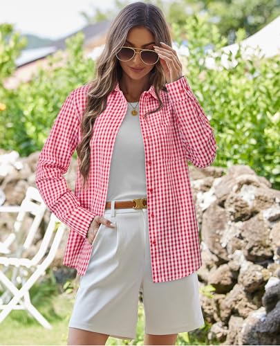 Button Down Shirts for Women Gingham Top Plaid Long Sleeve Dress Shirts Cotton Fitted Casual Work Collared Blouse