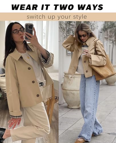 Women Crop Trench Coat Single Breasted Check Lining Lightweight Cropped Jackets Fashion Outerwear