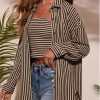 Womens Waffle Knit Button Down Shirt Stripe Long Sleeve Casual Blouses Tops