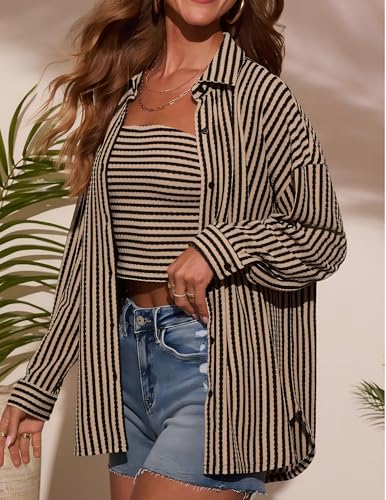 Womens Waffle Knit Button Down Shirt Stripe Long Sleeve Casual Blouses Tops