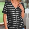 Women's Short Sleeve Sweater Spring Summer Crochet Knit Tops 2025 V Neck Striped Button Down Dressy Casual Blouses