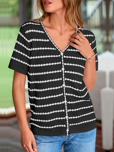 Women's Short Sleeve Sweater Spring Summer Crochet Knit Tops 2025 V Neck Striped Button Down Dressy Casual Blouses