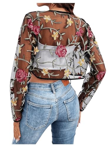 Women's Floral Embroidered Open Front Crop Jackets Long Sleeve Mesh Summer Cardigan Tops