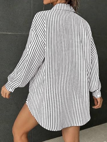 Womens Button Down Shirts Stripe Long Sleeve Blouse Casual Work Office Shirt Oversize Tops