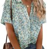 Womens Plus Size Linen Button Down Shirts Short Sleeve Cotton Casual Collared Shirt V Neck Summer Blouses Tops