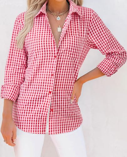 Button Down Shirts for Women Gingham Top Plaid Long Sleeve Dress Shirts Cotton Fitted Casual Work Collared Blouse