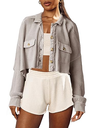 Women's Cropped Waffle Knit Shacket Short Button Down Jacket Batwing Sleeve Shirts with Pocket